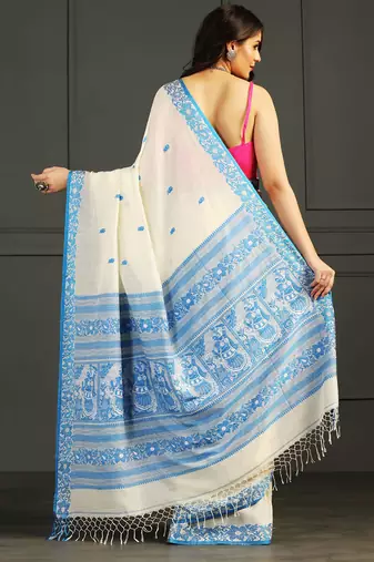 Blue hand woven cotton saree