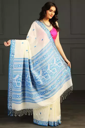 Blue hand woven cotton saree