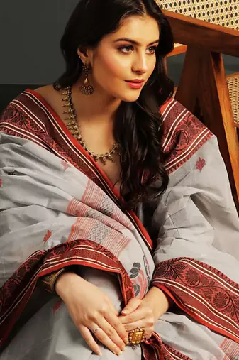 Grey hand woven cotton saree