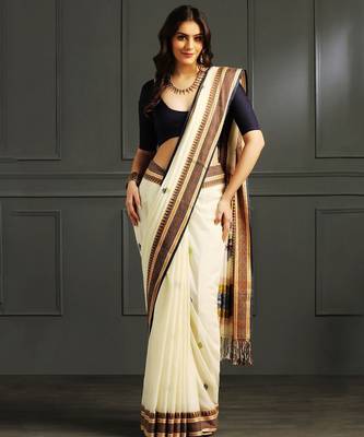 Off white hand woven cotton saree 1