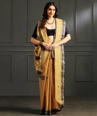 Yellow hand woven cotton saree 1