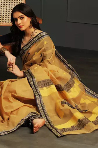 Yellow hand woven cotton saree