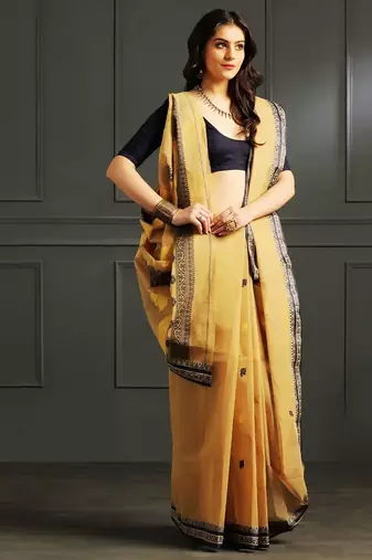 Yellow hand woven cotton saree