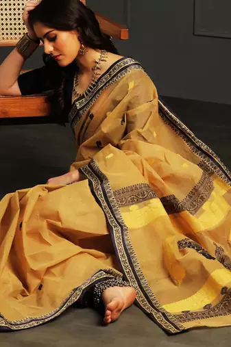 Yellow hand woven cotton saree