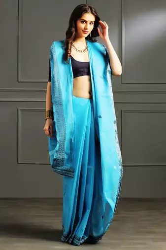 Blue hand woven cotton saree