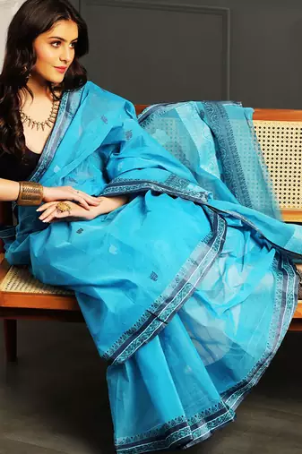 Blue hand woven cotton saree