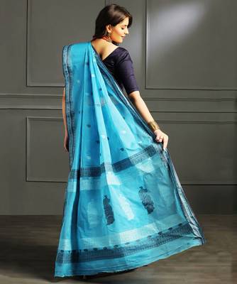 Blue hand woven cotton saree 5