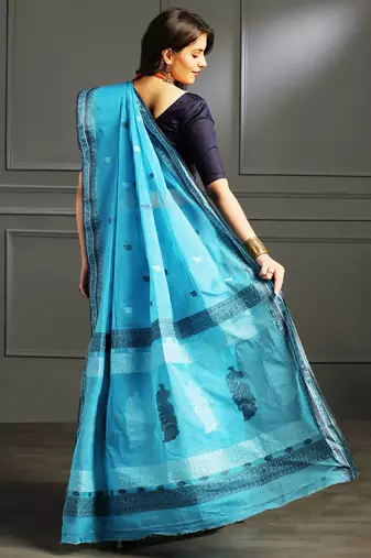 Blue hand woven cotton saree