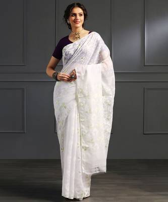 White hand woven jamdani silk saree 1