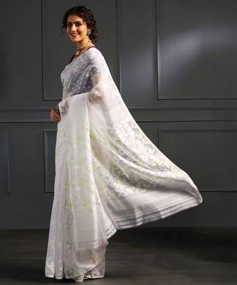 White hand woven jamdani silk saree 3