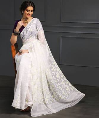 White hand woven jamdani silk saree 5