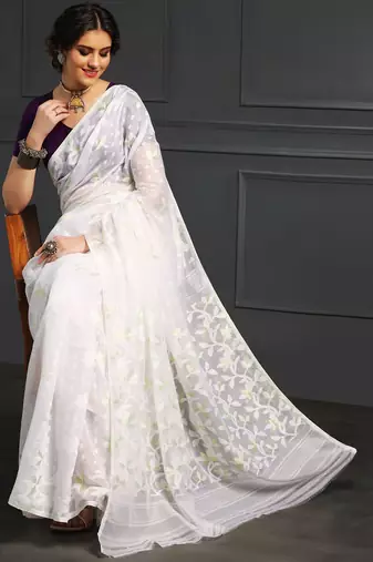 White hand woven jamdani silk saree