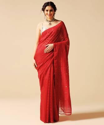 Red hand woven jamdani silk saree 1