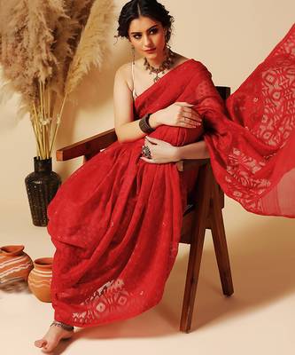 Red hand woven jamdani silk saree 3