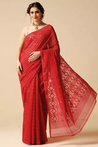 Red hand woven jamdani silk saree