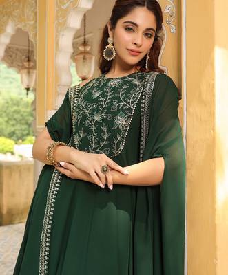 women's dark green georgette embroidered anarkali dress with cape 1