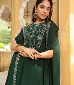 women's dark green georgette embroidered anarkali dress with cape