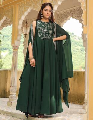 women's dark green georgette embroidered anarkali dress with cape 2