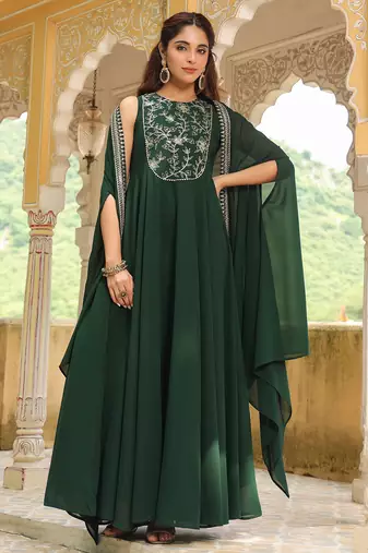 women's dark green georgette embroidered anarkali dress with cape