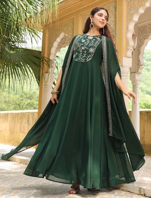 women's dark green georgette embroidered anarkali dress with cape 3