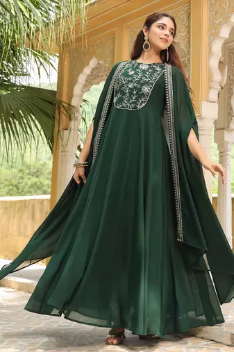 women's dark green georgette embroidered anarkali dress with cape