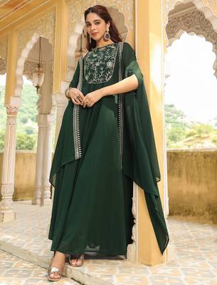 women's dark green georgette embroidered anarkali dress with cape 4