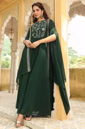 women's dark green georgette embroidered anarkali dress with cape
