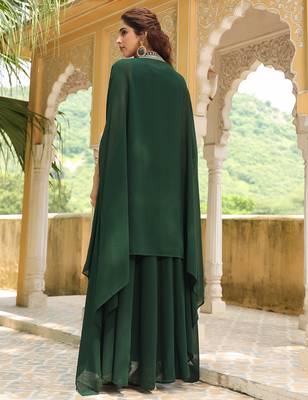 women's dark green georgette embroidered anarkali dress with cape 5