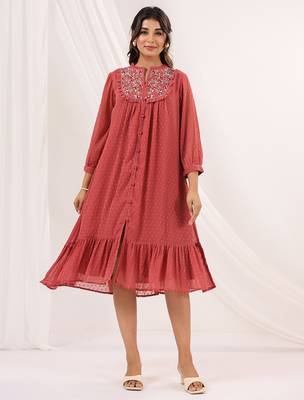 women's mauve dobby chiffon embroidered a-line dress 1