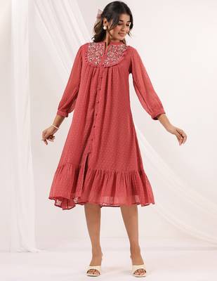 women's mauve dobby chiffon embroidered a-line dress 2