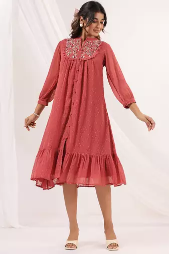 women's mauve dobby chiffon embroidered a-line dress