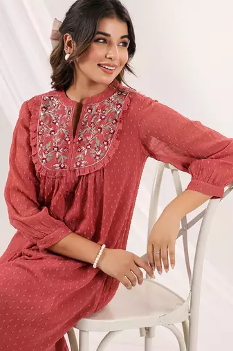 women's mauve dobby chiffon embroidered a-line dress