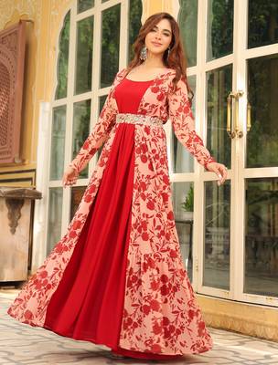 women's maroon georgette floral printed embroidered belted dress with jacket 3