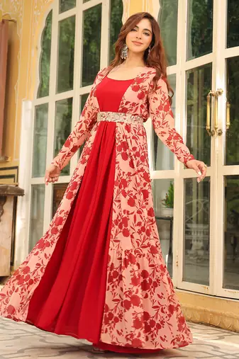 women's maroon georgette floral printed embroidered belted dress with jacket