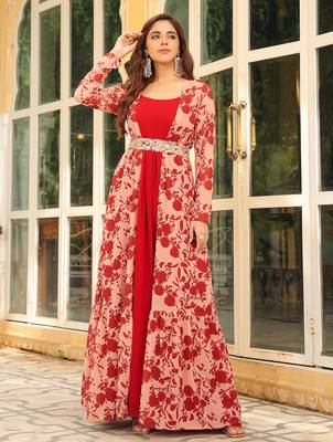 women's maroon georgette floral printed embroidered belted dress with jacket 4