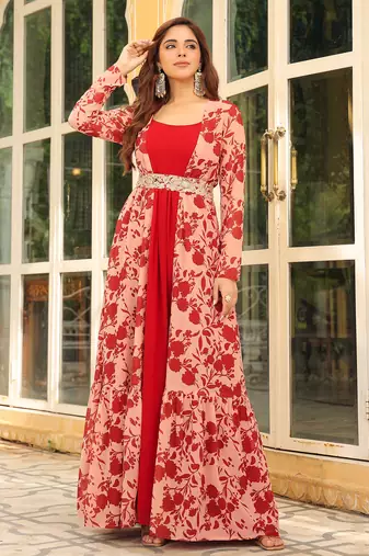 women's maroon georgette floral printed embroidered belted dress with jacket