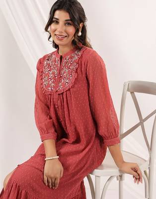 women's mauve dobby chiffon embroidered a-line dress 5