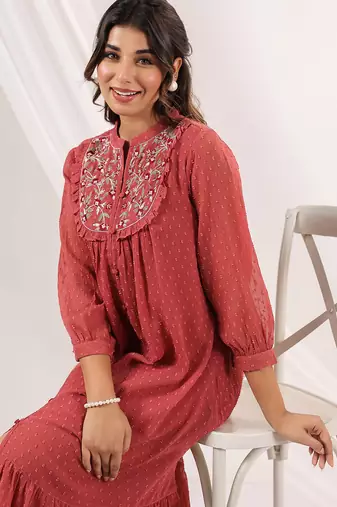 women's mauve dobby chiffon embroidered a-line dress