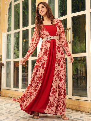 women's maroon georgette floral printed embroidered belted dress with jacket 5