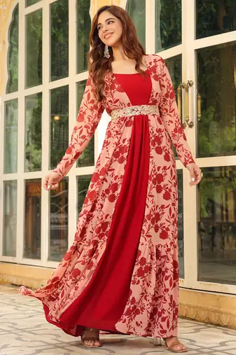 women's maroon georgette floral printed embroidered belted dress with jacket