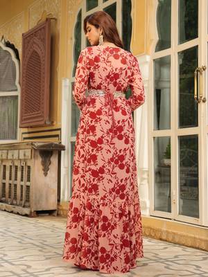 women's maroon georgette floral printed embroidered belted dress with jacket 6