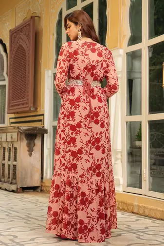 women's maroon georgette floral printed embroidered belted dress with jacket