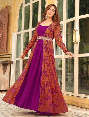  women's pink georgette floral printed embroidered belted dress with jacket 1