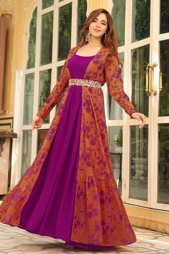  women's pink georgette floral printed embroidered belted dress with jacket