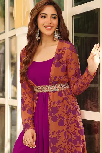  women's pink georgette floral printed embroidered belted dress with jacket