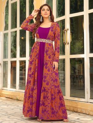  women's pink georgette floral printed embroidered belted dress with jacket 3
