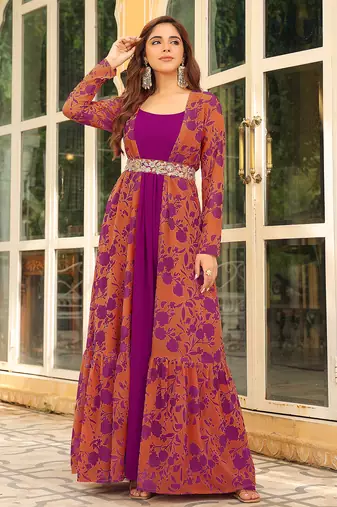  women's pink georgette floral printed embroidered belted dress with jacket