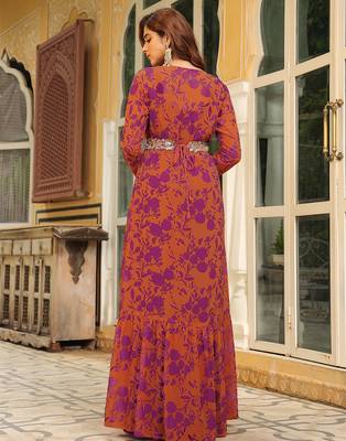  women's pink georgette floral printed embroidered belted dress with jacket 4