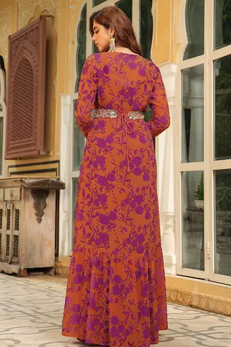  women's pink georgette floral printed embroidered belted dress with jacket