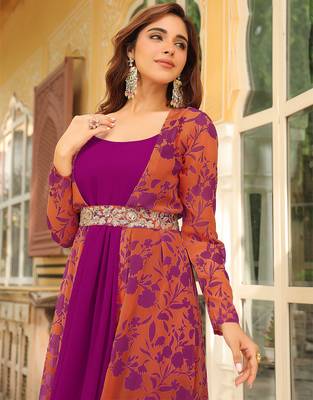 women's pink georgette floral printed embroidered belted dress with jacket 5